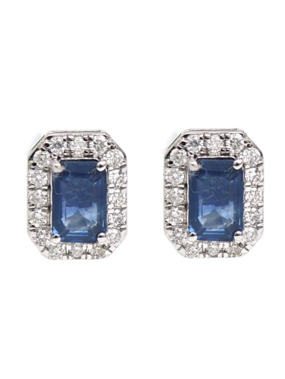Emerald Cut Blue Sapphire 14K (18k Custom) Natural Diamond White Gold Earrings
